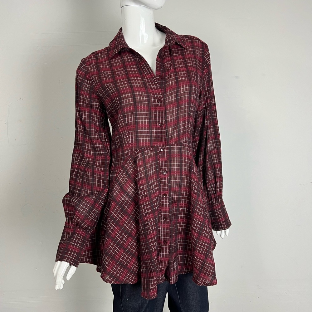 Mustard Seed Burgundy Plaid Asymmetrical Button-Front Tunic